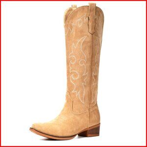 Knee High Suede Cowboy Boots Pointed Toe Low Heel Embroidered Western